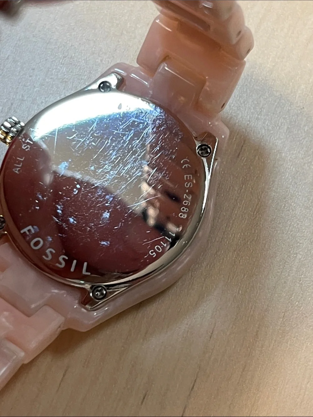 Fossil ES2688 Pave Bezel White Face Analog Watch & Pink Pearly Plastic Band